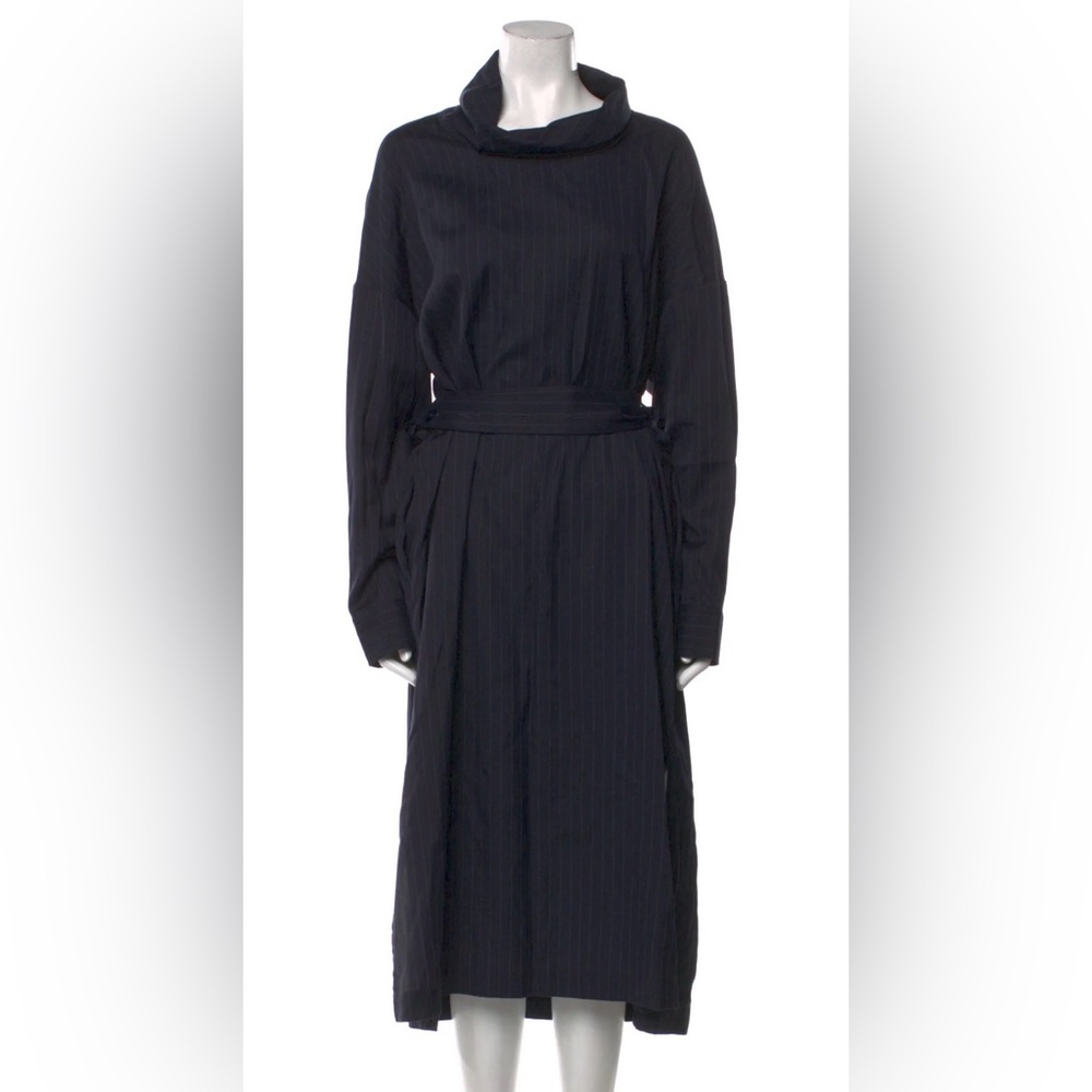 Tibi Navy Pinstripe Cowl Neck Long Sleeve Dress, Size: M